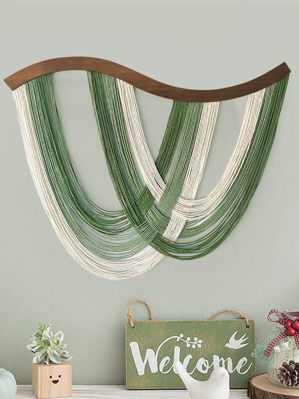 Modern Boho Wave Yarn Wall Hanging | Sage Green & Cream Draped Cotton Fiber Art | 80x60cm Aesthetic Wall Decor for Bedroom, Living Room & Nursery