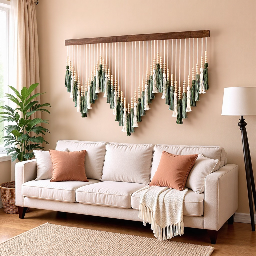 Modern Boho Wave Yarn Wall Hanging | Sage Green & Cream Draped Cotton Fiber Art | 80x60cm Aesthetic Wall Decor for Bedroom, Living Room & Nursery